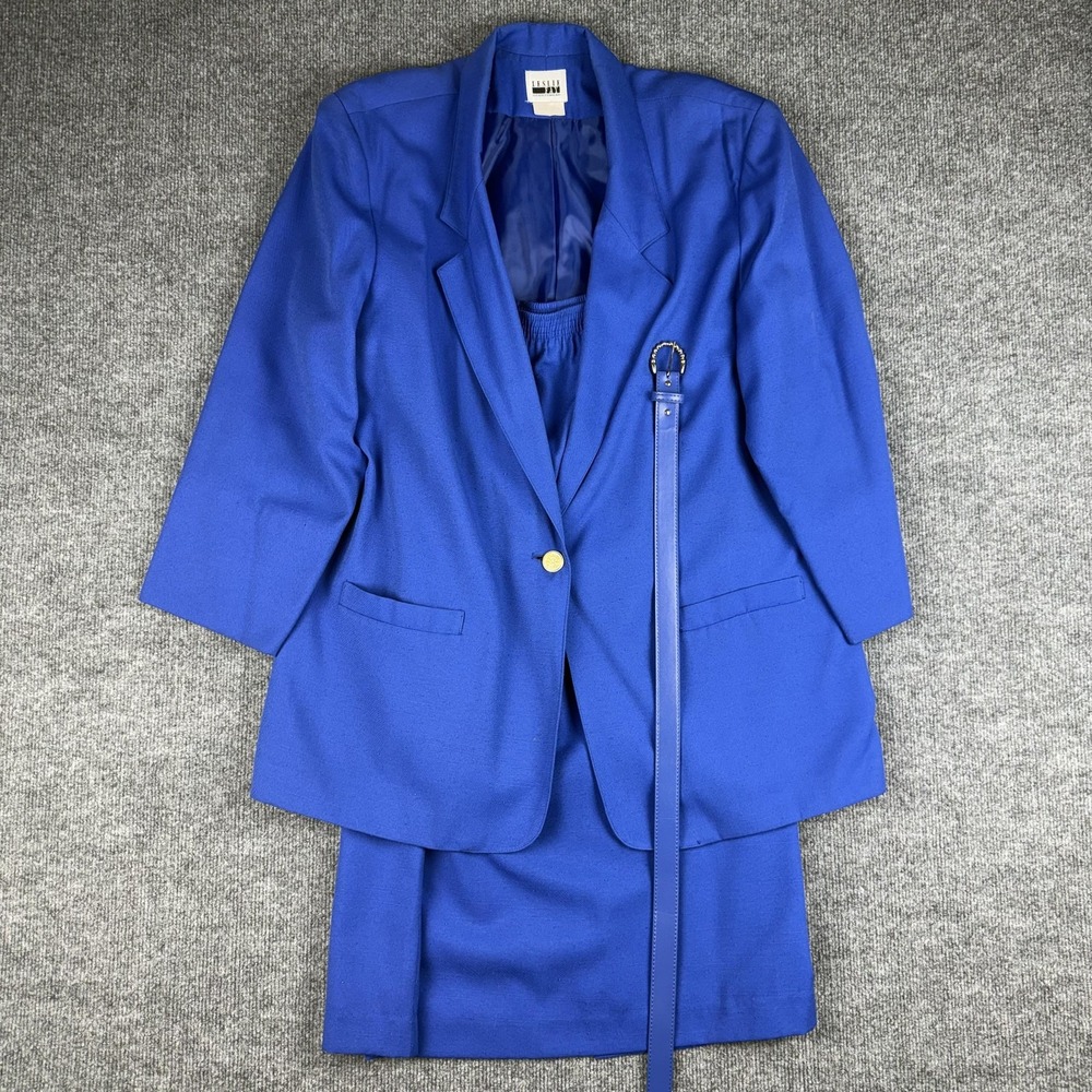 Vintage Leslie‎ Fay Skirt Suit Jacket Set Womens 18 Blue Belted Lined Work 90s